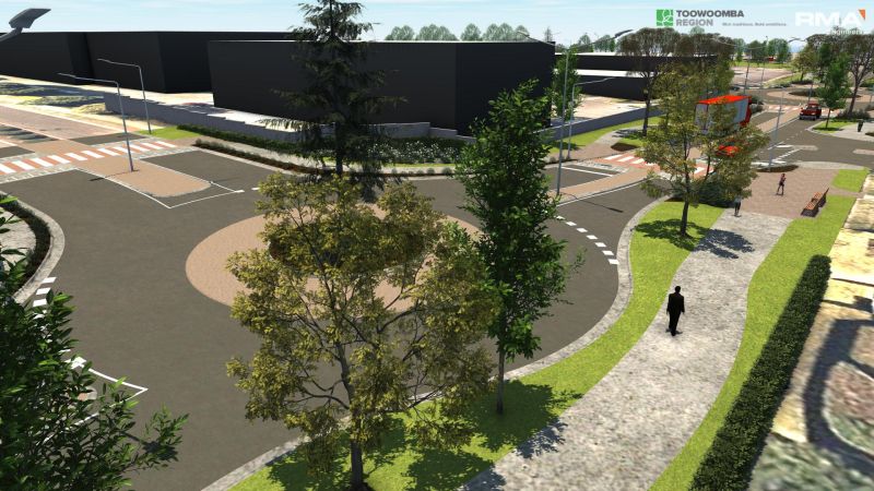 3D render image showing a footpath along Highfields Road at the Rogers Drive intersection