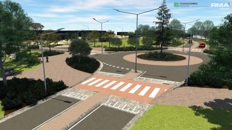 3D render image showing a terracotta coloured pedestrian crossing at a roundabout